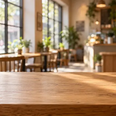午後咖啡館：木桌與柔和咖啡館散景，增加日常氛圍。