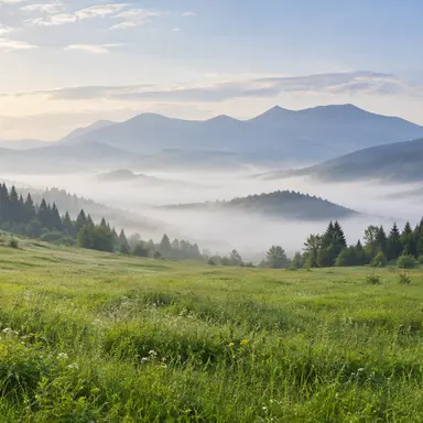 晨霧山景：草地與遠山，呈現開闊的戶外景色。